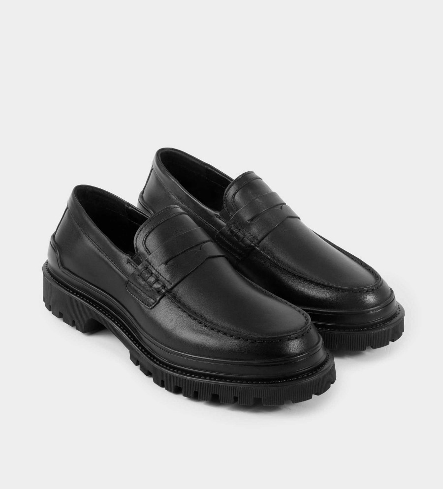 HEREN Brantano MOCCASINS | Zwart leren slip-on-track mocassin